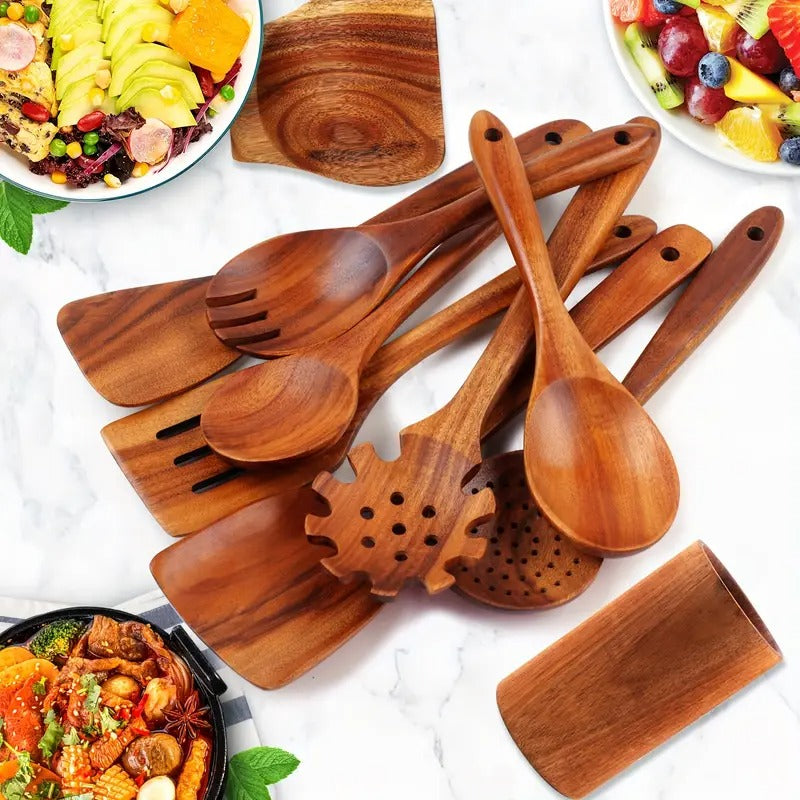 10pcs Non-Stick Teak Wooden Cooking Utensils