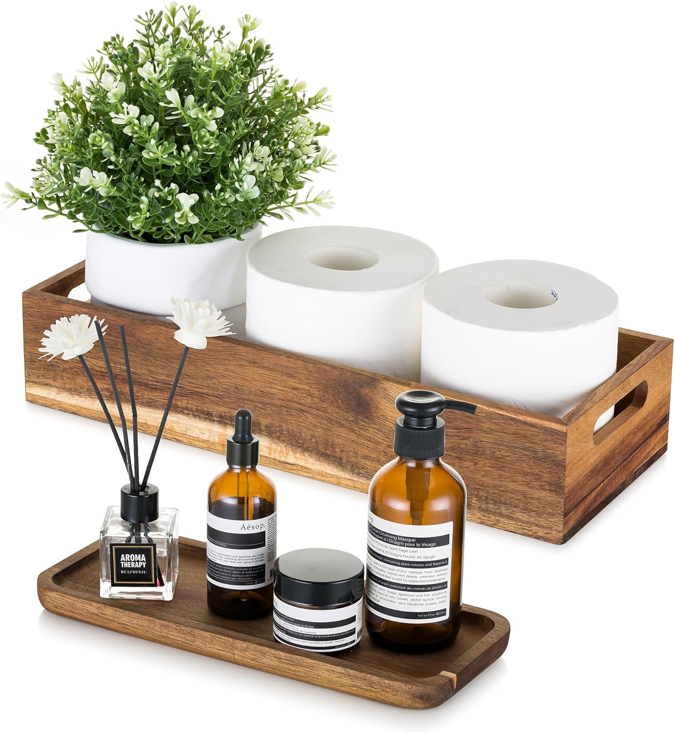 Set of 2 Wood Bathroom Storage Box with Vanity Display Tray