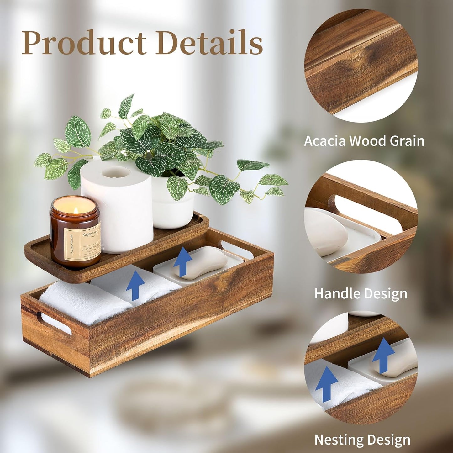 Set of 2 Wood Bathroom Storage Box with Vanity Display Tray