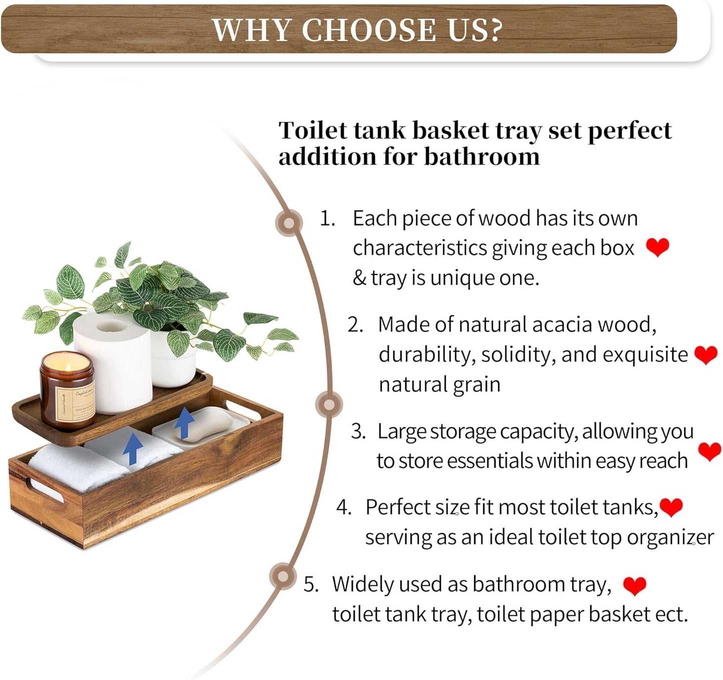 Set of 2 Wood Bathroom Storage Box with Vanity Display Tray