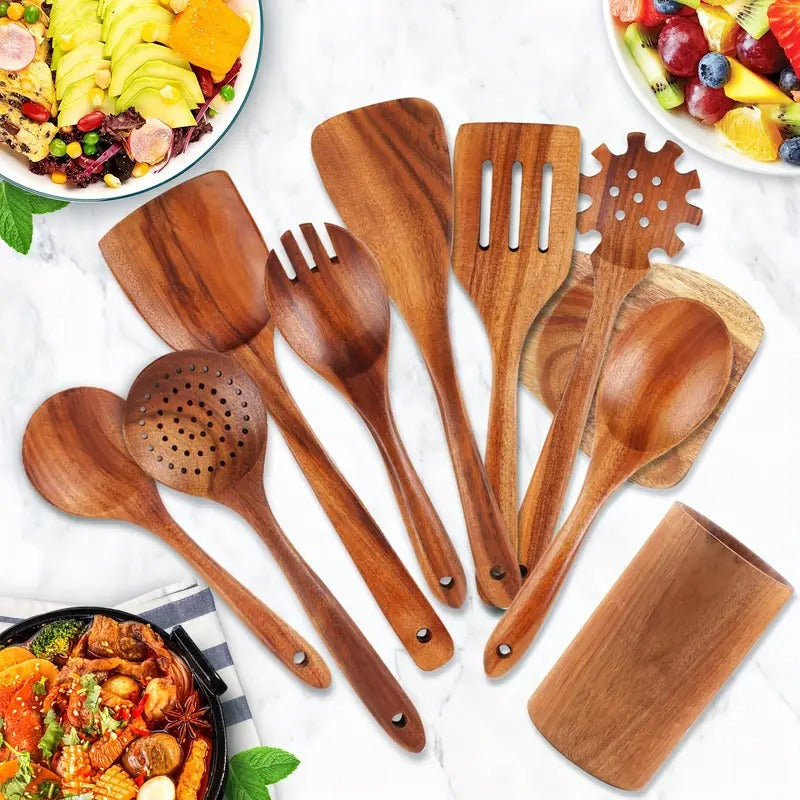 10pcs Non-Stick Teak Wooden Cooking Utensils