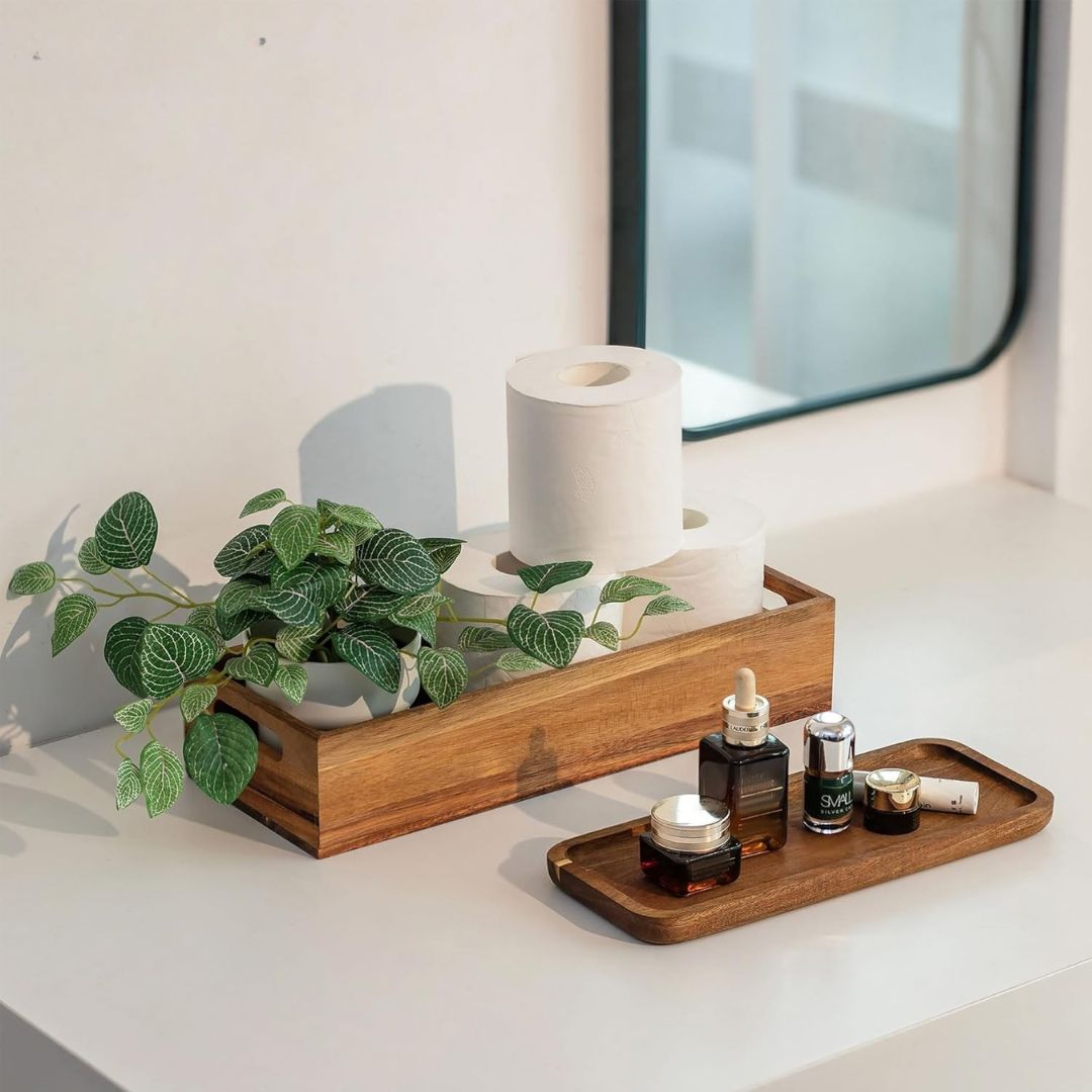 Set of 2 Wood Bathroom Storage Box with Vanity Display Tray