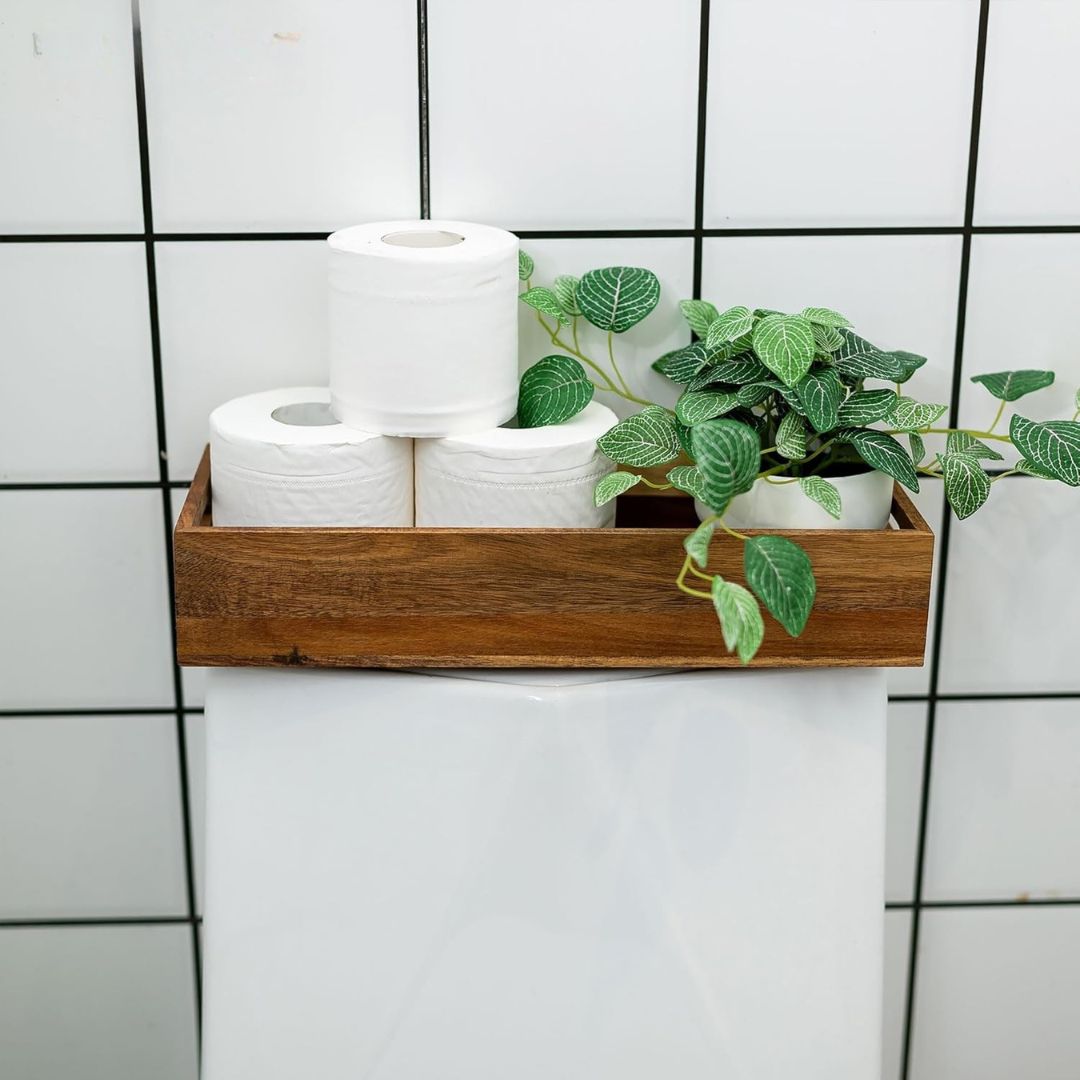 Set of 2 Wood Bathroom Storage Box with Vanity Display Tray