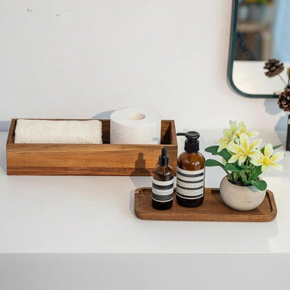 Set of 2 Wood Bathroom Storage Box with Vanity Display Tray
