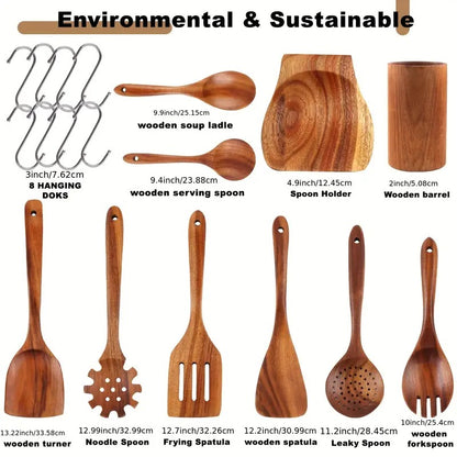 10pcs Non-Stick Teak Wooden Cooking Utensils