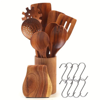10pcs Non-Stick Teak Wooden Cooking Utensils