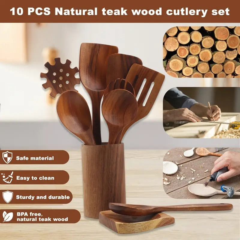 10pcs Non-Stick Teak Wooden Cooking Utensils