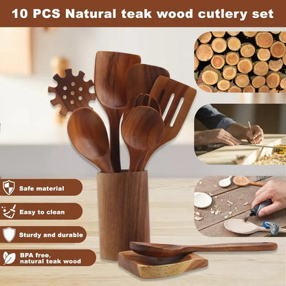 10pcs Non-Stick Teak Wooden Cooking Utensils