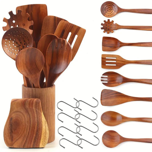 10pcs Non-Stick Teak Wooden Cooking Utensils