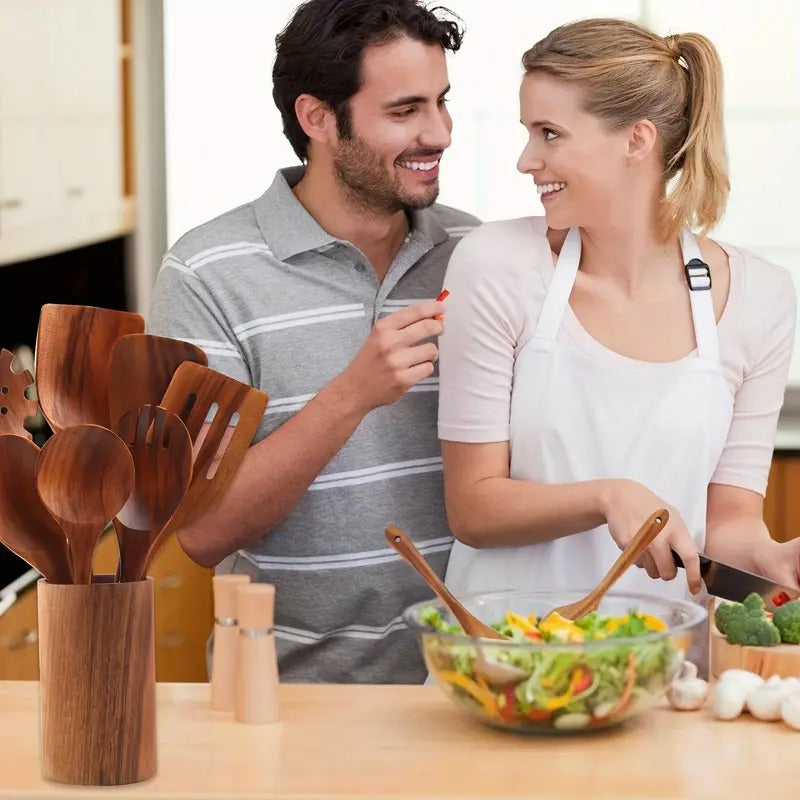 10pcs Non-Stick Teak Wooden Cooking Utensils