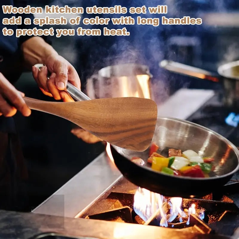 10pcs Non-Stick Teak Wooden Cooking Utensils