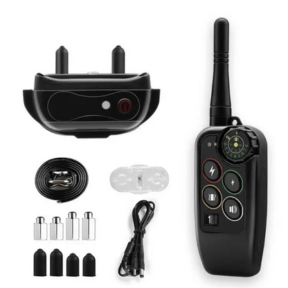 Waterproof dog training e-collar with remote control, 1000m range, adjustable modes, durable for all breeds in any weather.