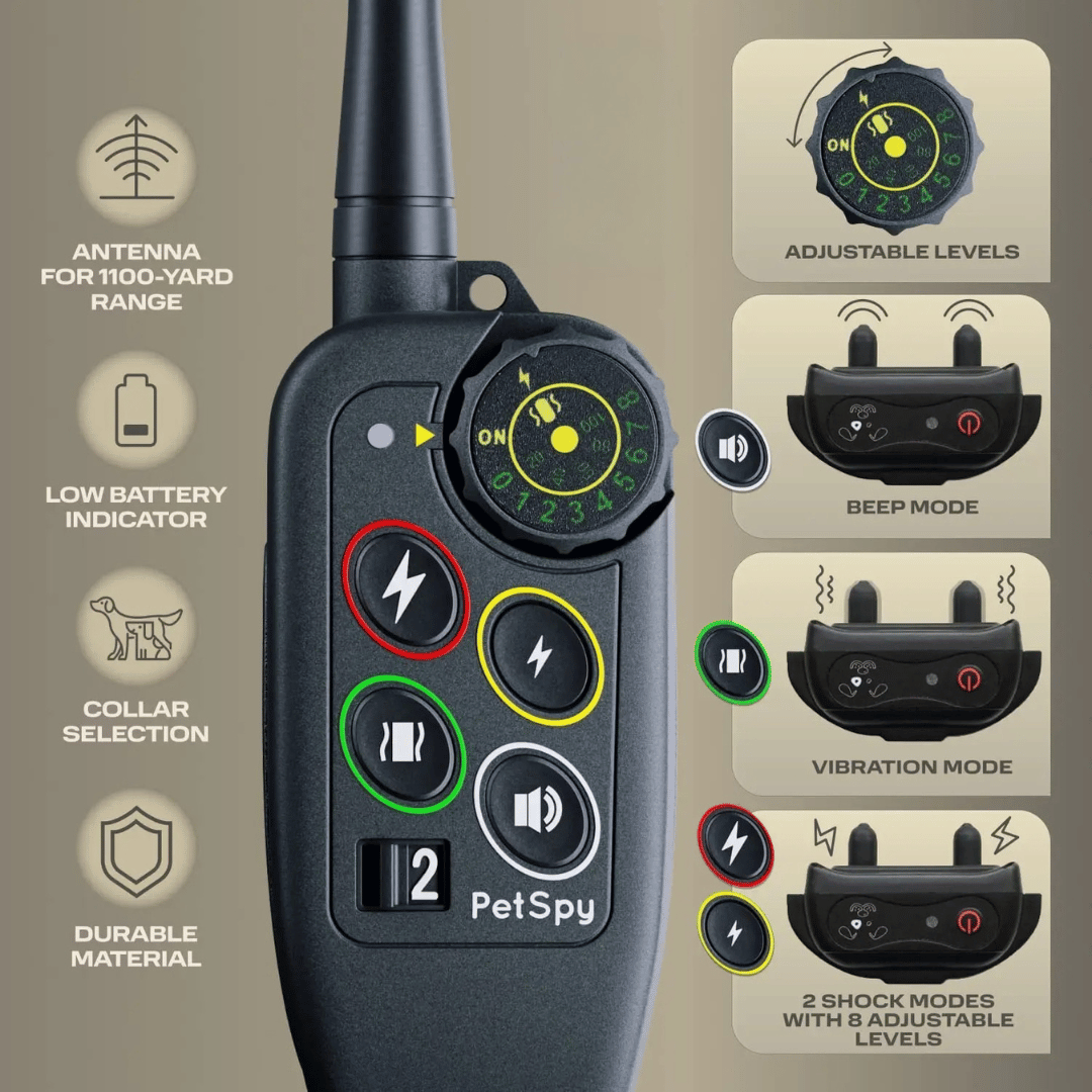 Waterproof dog training e-collar with remote control, 1000m range, adjustable modes, durable for all breeds in any weather.